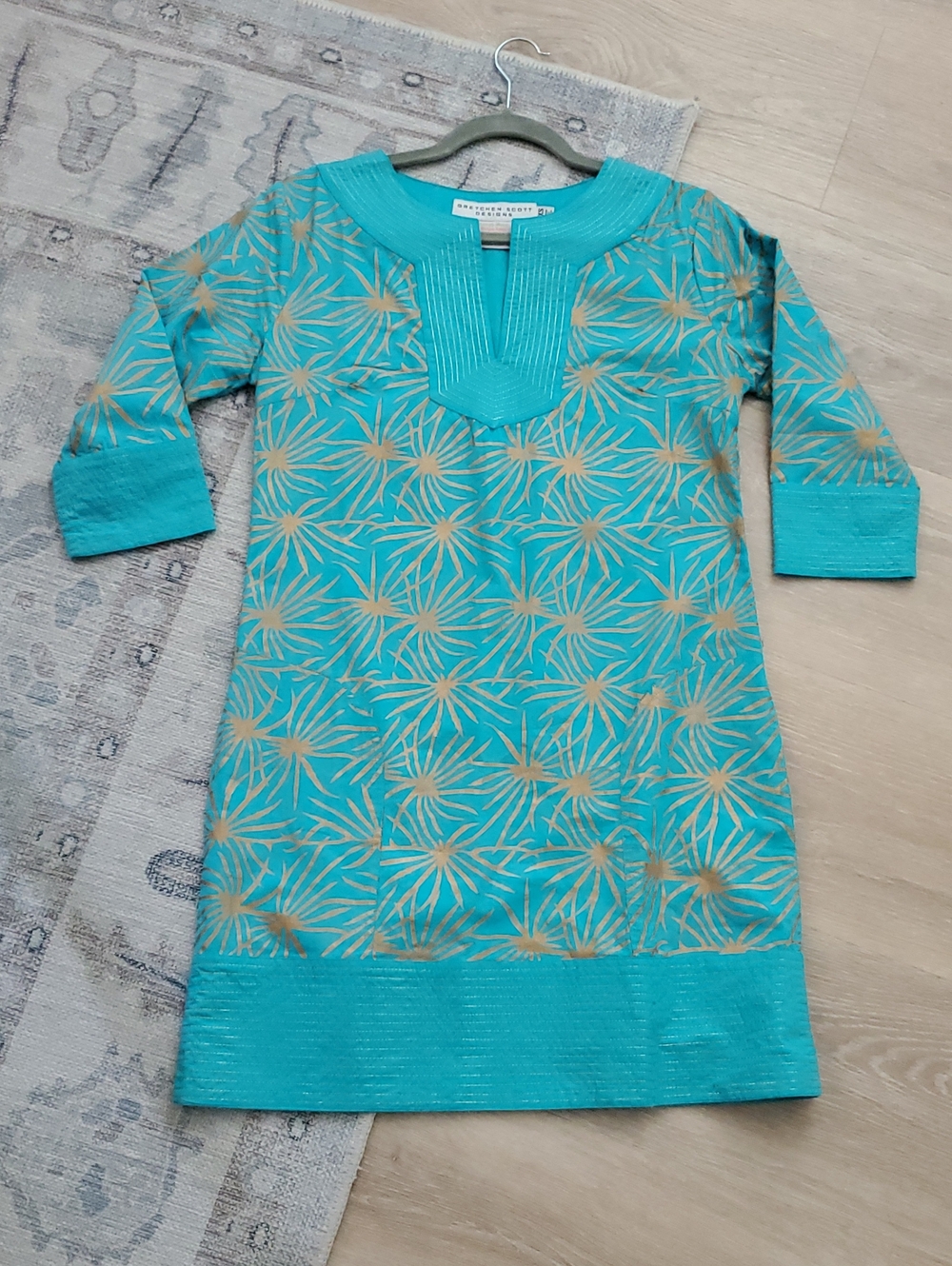 Gretchen Scott Designs Bright Turquoise And Gold Tunic Dress With Pockets SzXS